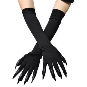 Long black witch gloves featuring scary fake claw nails for Halloween cosplay parties.