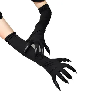 Close up of long black witch gloves with spooky claw fingers for Halloween cosplay events.
