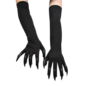 Black long witch gloves with sharp fake nails for Halloween cosplay party performance props.