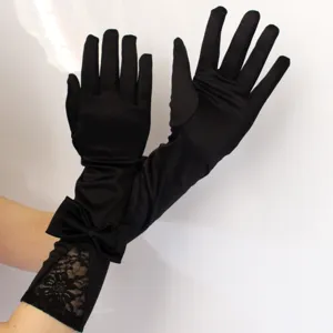 Schwarze Satin Spitzen Schleife Handschuhe elegante Abendparty Hochzeit Braut Handschuhe