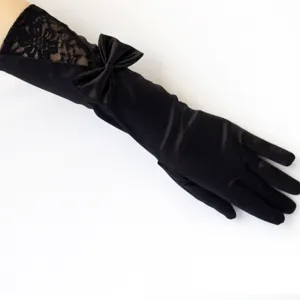 Schwarze Satinhandschuhe lang mit Spitze und Schleife für Damen Hochzeit Abendparty.
