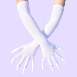 Halloween long white witch gloves with fake claw nails, ideal for cosplay party performance.