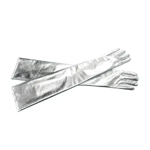 Gants longs métalliques argentés vue de détail, accessoire idéal pour cosplay et fête.