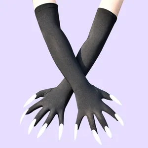 Black long witch gloves with white fake nails, Halloween cosplay costume prop details.