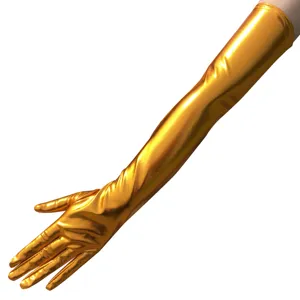 Gants longs dorés métalliques brillants en cuir synthétique couvre-bras pour fête cosplay.