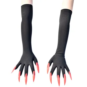 Halloween long black witch gloves with red claw nails cosplay costume props accessories.
