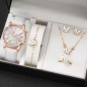 Set di orologio e gioielli con farfalla in oro rosa con cinturino bianco in confezione regalo
