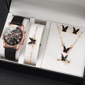 Set regalo orologio da donna di lusso e set gioielli farfalla nera per feste e look quotidiano.