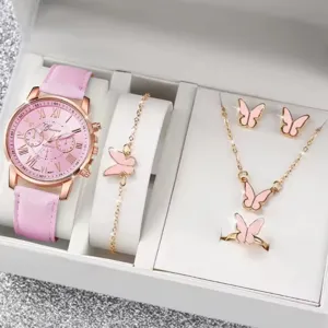 Set regalo gioielli con orologio bracciale collana orecchini anello farfalla rosa vista dettagliata.