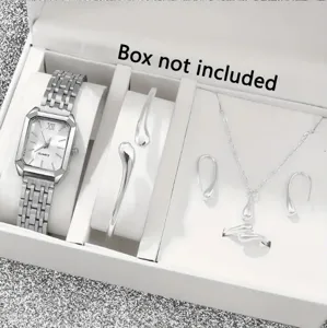 Ensemble montre femme argenté avec collier, boucles d'oreilles, bague et bracelet goutte.