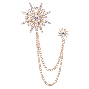 Goldfarbene Stern-Kristall-Brosche mit Doppelkette, elegante Kragennadel fuer Anzug und Mantel.