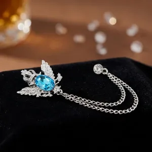 Vintage Strass Krone Flügel Brosche mit Doppelkette blauem Stein Anzug Anstecknadel