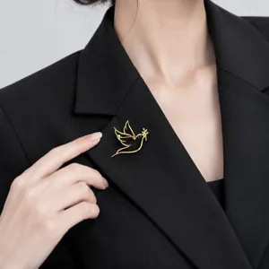 Elegant gold peace dove brooch pin with olive branch, perfect suit lapel accessory for all.
