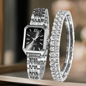 Elegante set di orologio al quarzo argentato e bracciale tennis di cristallo con quadrante rettangolare.