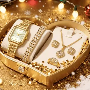 Set regalo gioielli orologio al quarzo donna quadrato oro bracciale collana orecchini set