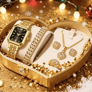 Set di gioielli da donna con orologio al quarzo quadrato e braccialetto collana orecchini.