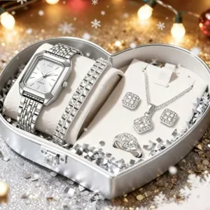 Set regalo orologio da polso donna e gioielli con strass, elegante kit in tonalità argento.