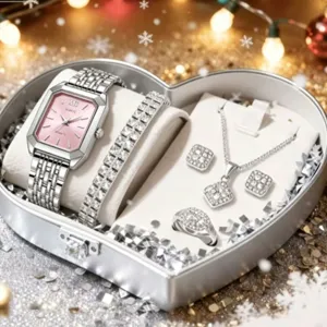 Set regalo orologio quarzo donna quadrante rosa quadrato bracciale strass collana anello