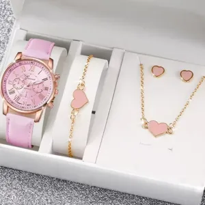 Orologio al quarzo in pelle rosa con bracciale collana orecchini a cuore set regalo donna