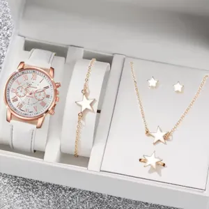 Set elegante da donna con orologio e gioielli a stella, scatola regalo, oro rosa.