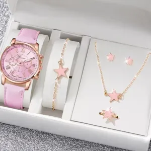 Orologio al quarzo rosa e set di gioielli stella con collana, orecchini e bracciale.