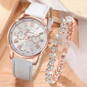 Elegante orologio al quarzo in oro rosa con cinturino in pelle bianca e set di bracciali.