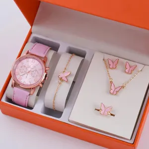 Set regalo gioielli con orologio al quarzo bracciale collana orecchini anello farfalla rosa