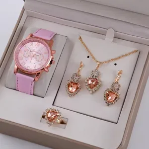 Orologio al quarzo con cinturino in pelle rosa e set regalo collana orecchini anello cristallo.