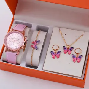 Orologio quarzo cinturino pelle rosa con collana bracciale orecchini farfalla set regalo