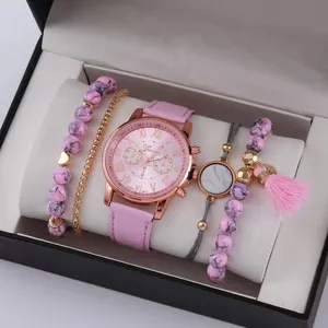 Set regalo orologio quartz rosa donna e bracciali perle marmo, elegante orologio con accessori.