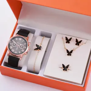 Vista dettagliata della confezione regalo elegante con orologio al quarzo e set farfalla.