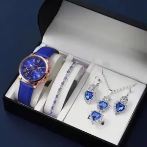 Set regalo di gioielli con orologio blu squisito e collana con cuore di cristallo.