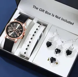 Elegante set di orologio e gioielli in cristallo nero con collana, orecchini e bracciale.