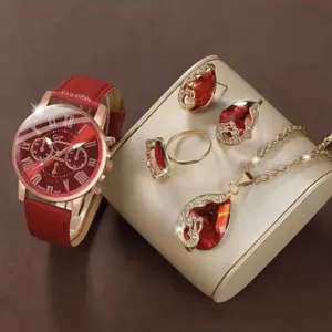 Orologio al quarzo con cinturino in pelle rossa e set di gioielli in cristallo rosso