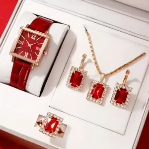 Orologio quadrato rosso e set di gioielli con rubino collana orecchini anello regalo