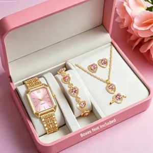 Mode Montre Quartz Parure de Bijoux pour Femmes Alliage Strass Cœur Pendentif Collier Bracelet Boucles d'Oreilles Bague Cadeau