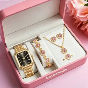 Vue détail ensemble bijoux cristal cœur rose montre or, présentation coffret cadeau élégant.