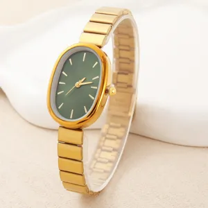 Elegant women's oval quartz watch with green dial and gold metal strap, chic fashion timepiece.