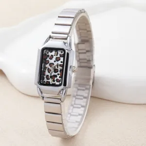 Elegante Orologio al Quarzo con Quadrante Rettangolare da Donna Moda Vintage Stampa Leopardata Cinturino Metallico Elastico Argento