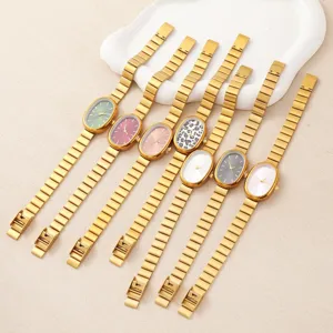 Women's elegant oval quartz watch with gold metal link strap fashion casual timepiece set.