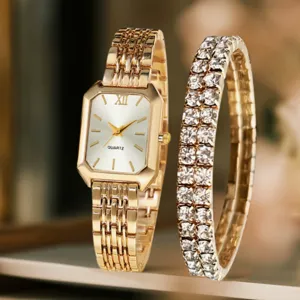 Elegante set orologio da polso al quarzo oro e bracciale strass lucido gioiello moda donna
