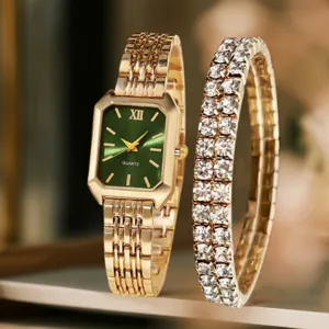 Orologio da polso al quarzo da donna dorato con quadrante verde e bracciale luminoso set.