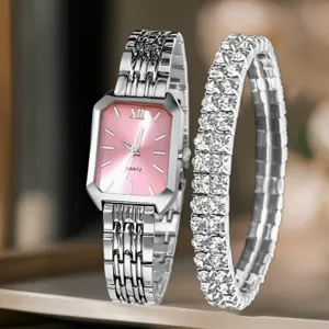 Orologio al quarzo donna e bracciale set quadrante rosa catena in lega moda elegante.