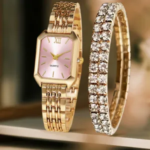 Orologio da polso al quarzo dorato da donna set di bracciali in cristallo catena in lega moda