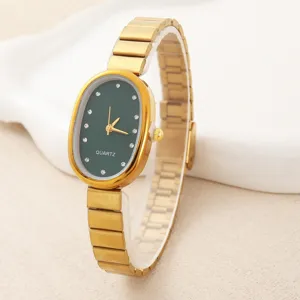 Vintage Forest Style Oval Dial Women Quartz Watch Mother Of Pearl Rhinestone Markers Gold Alloy Bracelet Ladies Fashion Luxury Watch