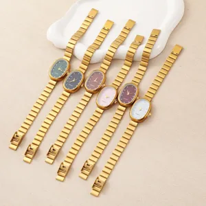 Women vintage oval quartz watch with elegant metal chain strap, multi-color dial casual style.