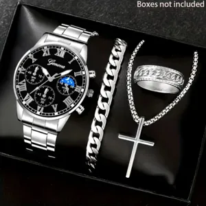 Men 4-piece watch quartz bracelet necklace ring set stylish black dial luxury gift box