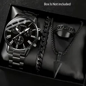Men black quartz watch set with curb chain bracelet, stainless ring and stylish arrowhead necklace.