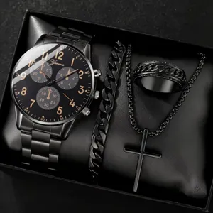 Men's black quartz watch gift set with cross necklace bracelet ring fashion accessory