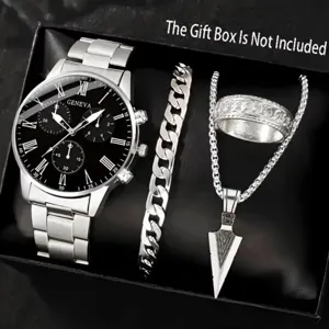Men 4-piece watch set quartz timepiece Cuban chain bracelet ring arrowhead necklace silver black